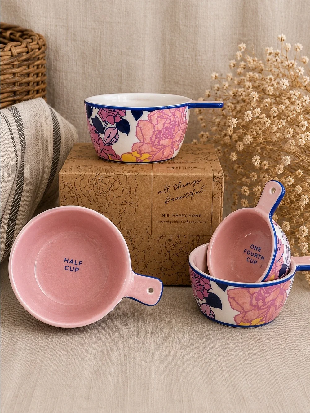 NIB M.E. Happy Home Floral Ceramic Nesting Measuring Cups Set